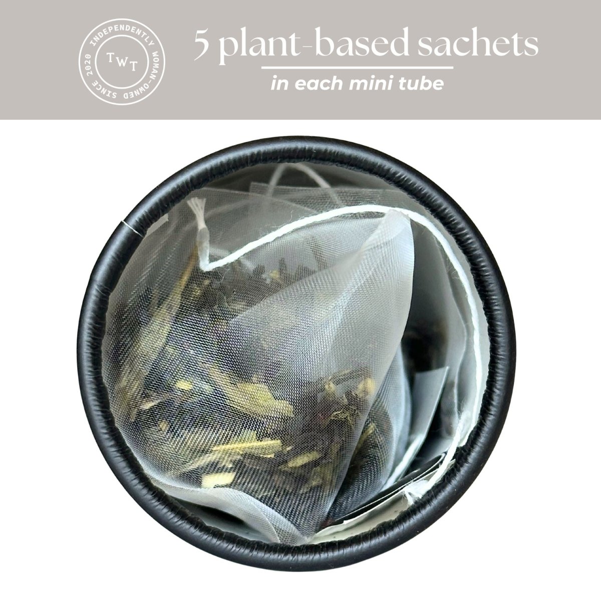 Tea bag with plant-based sachets in a white mesh pouch on a white background. It lists the container as having 5 sachets.