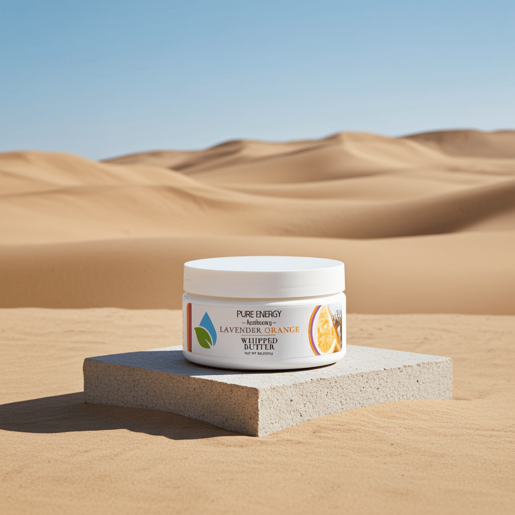 Whipped Butter – Lavender Orange Aromatherapy Moisturizer on display in desert, perfect for travel size essentials.