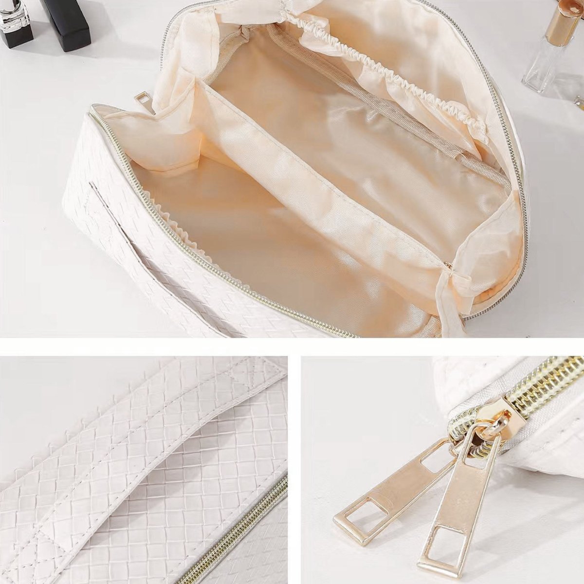 Woven Textured Beauty Organizer with interior pockets