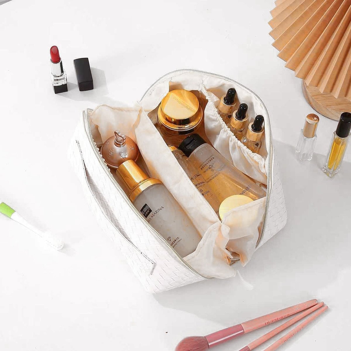 Woven Textured Beauty Organizer with travel size essentials